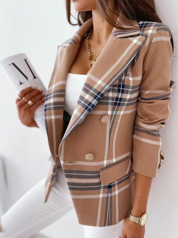 Women's Plaid Cotton And Linen Double Breasted Blazer