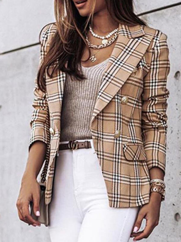Women's Plaid Cotton And Linen Double Breasted Blazer