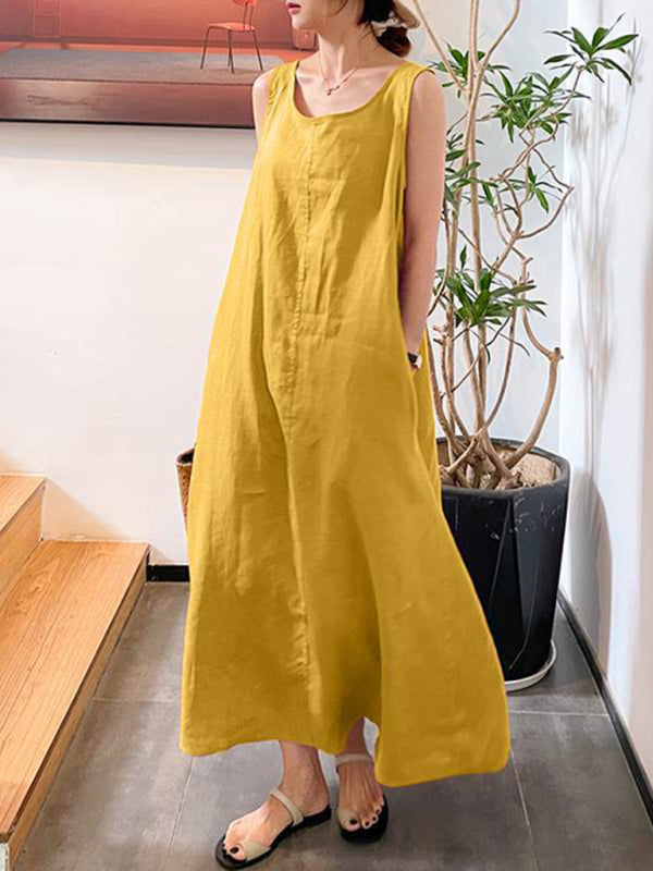 Women's Solid Color Linen Crew Neck Maxi Dress