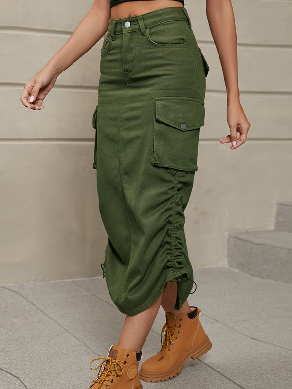 Women's Solid Color Side Drawstring Cargo Skirt