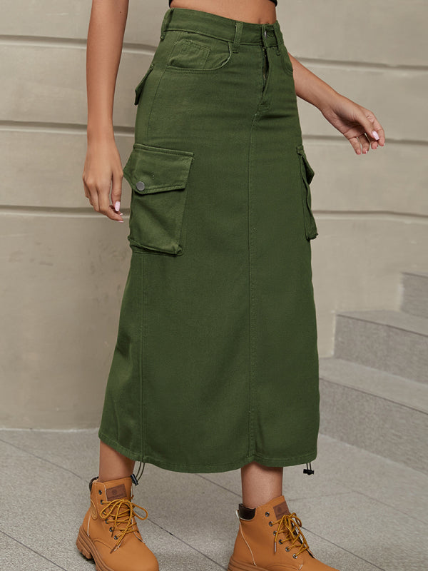 Women's Solid Color Side Drawstring Cargo Skirt