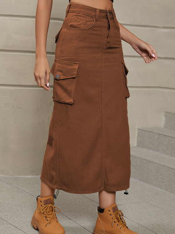 Women's Solid Color Side Drawstring Cargo Skirt