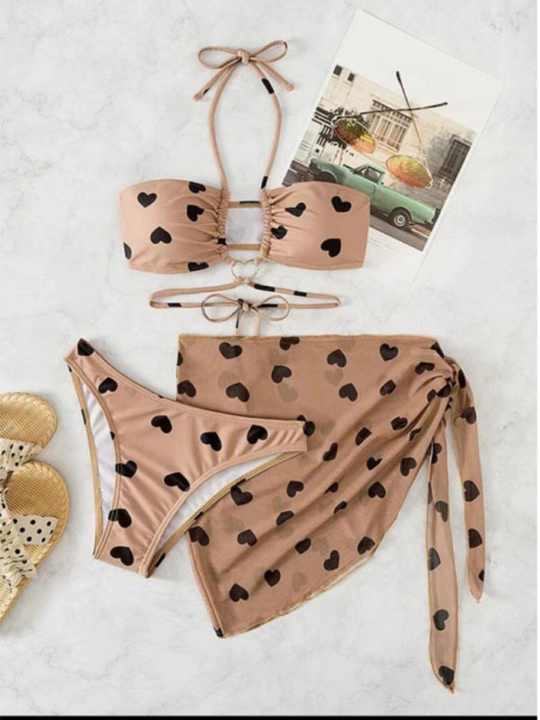 Women's 3pack Plus Heart Print Halter Bikini Swimsuit & Beach Skirt