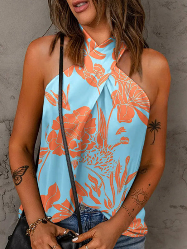 Women's Print Crossover Crepe Halter Top