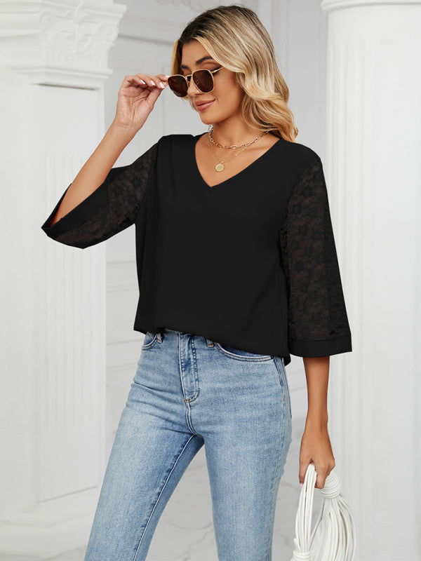 Spring and summer new loose v-neck seven-point lace trumpet sleeve stitching chiffon shirt