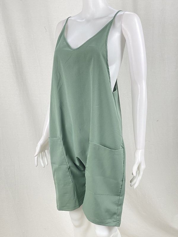Women's Solid Color Sleeveless Back Zipper Pocket Rompers