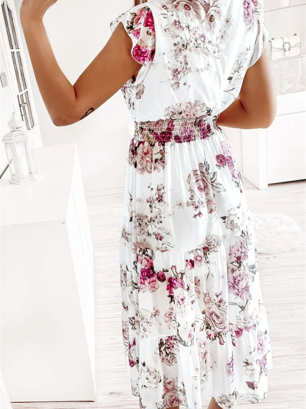 Women's ruffled short-sleeved V-neck printed dress (without belt)