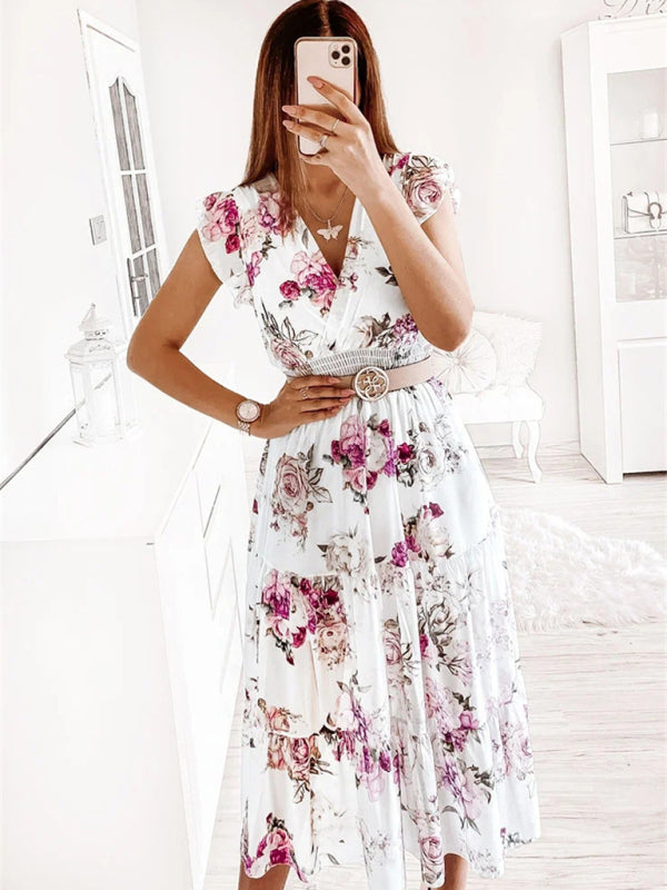 Women's ruffled short-sleeved V-neck printed dress (without belt)