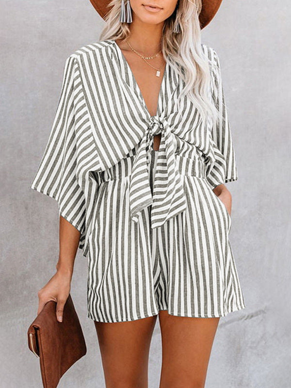 Summer slim waist striped jumpsuit deep V trumpet sleeve three-pointer