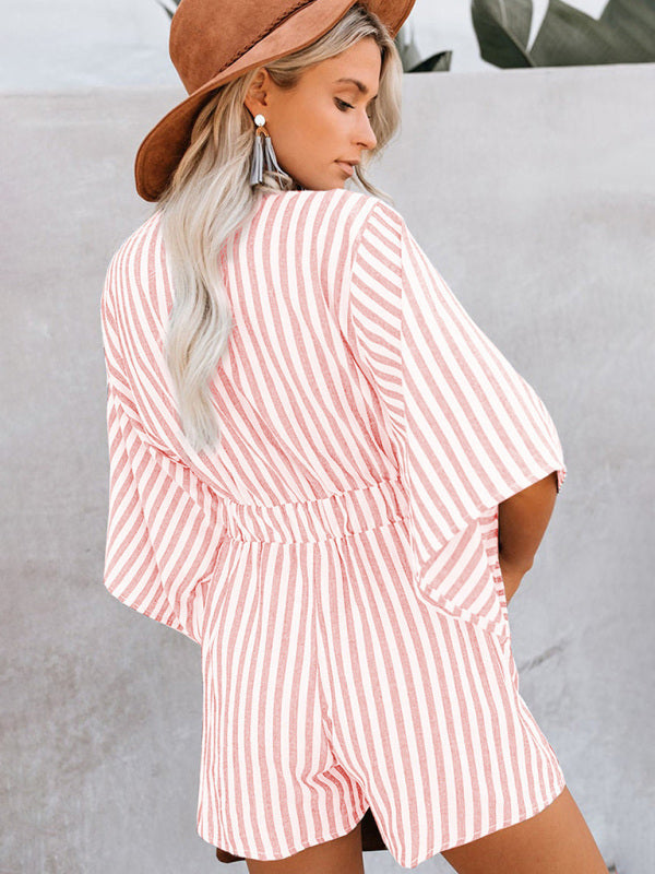 Summer slim waist striped jumpsuit deep V trumpet sleeve three-pointer