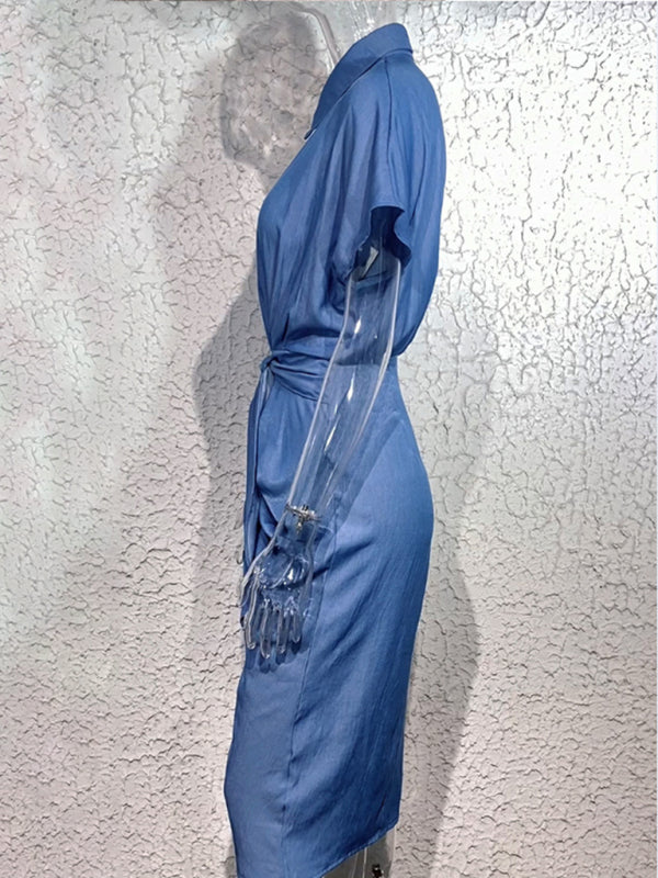 Women's Denim Button Down Short Sleeve Ruched Waist Tie Shirtdress