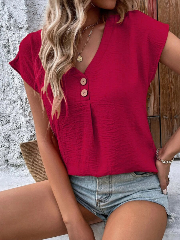Women's Summer V Neck Button Tops Dolman Sleeves T-Shirts Loose Casual Shirts