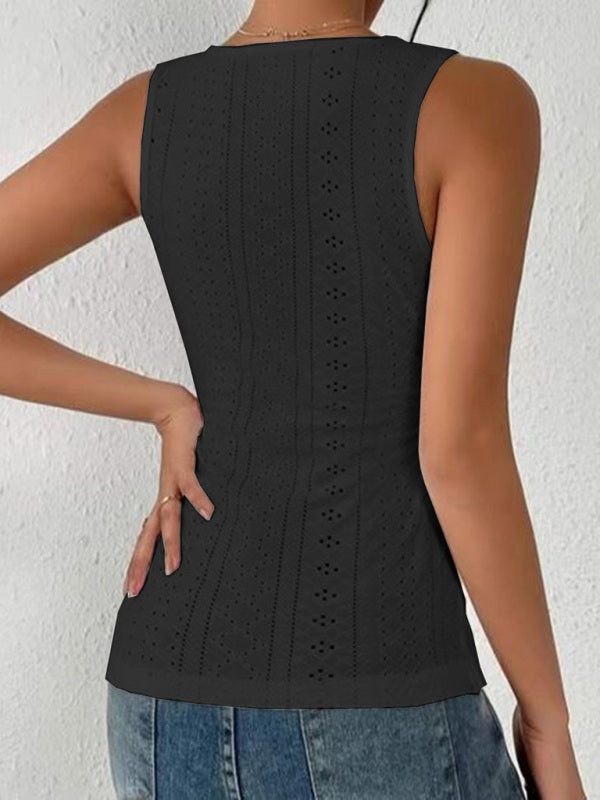 Women's Solid Color Eyelet Lace Cross Over A Sleeveless Top