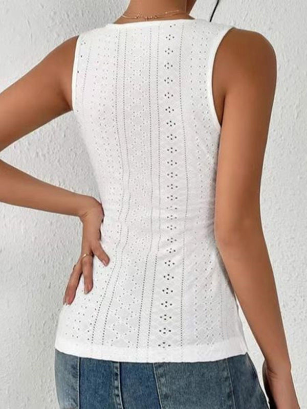 Women's Solid Color Eyelet Lace Cross Over A Sleeveless Top