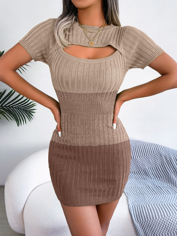 Women's Color-Block Supersoft Cutout Short-Sleeve Sweater Dress
