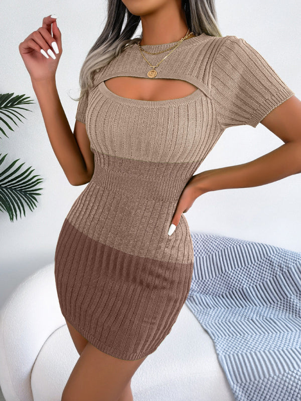 Women's Color-Block Supersoft Cutout Short-Sleeve Sweater Dress