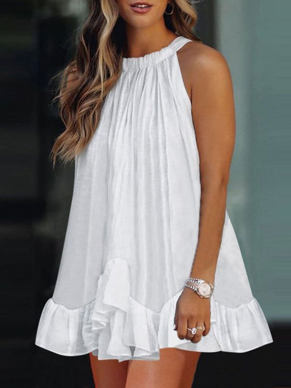 Women's Solid Color Halter-Neck Ruffled Dress