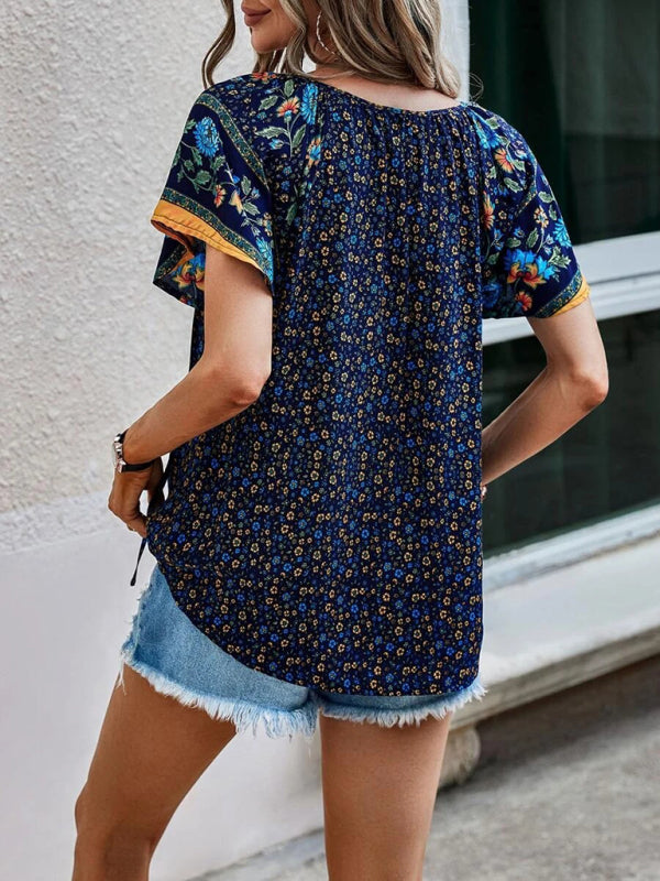 Women's casual ethnic style printed V-neck short-sleeved loose shirt