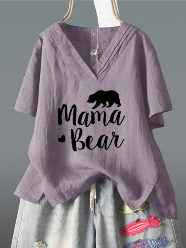 Women's MAMA BEAR printed short-sleeved V-neck irregular cotton and linen top