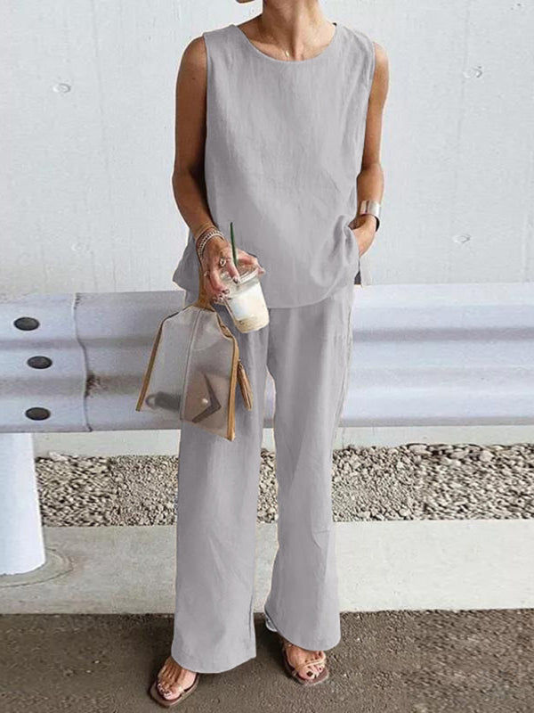 Women's Casual Loose Sleeveless Slit Vest + Pants Set