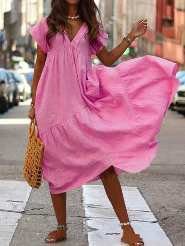 Women's Solid Color V-Neck Irregular Long Swing Dress