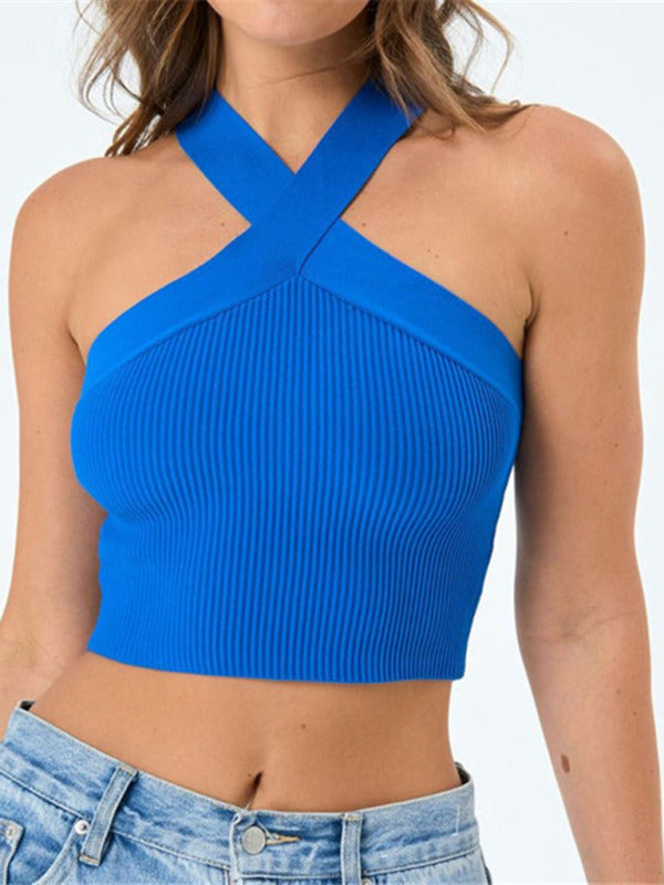 Women's Solid Color Knit Halter Neck Crop Top