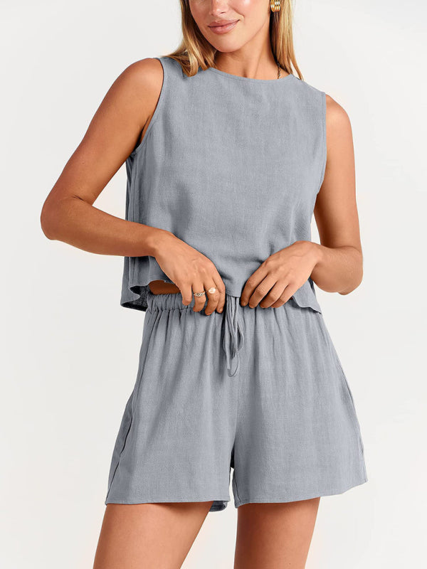 Women's woven solid color sleeveless loose cotton linen top shorts two-piece set