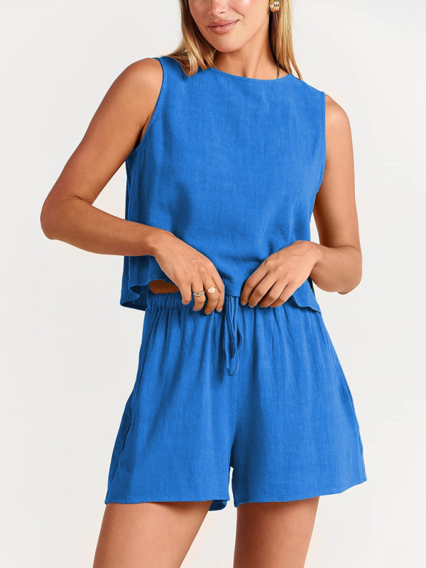 Women's woven solid color sleeveless loose cotton linen top shorts two-piece set