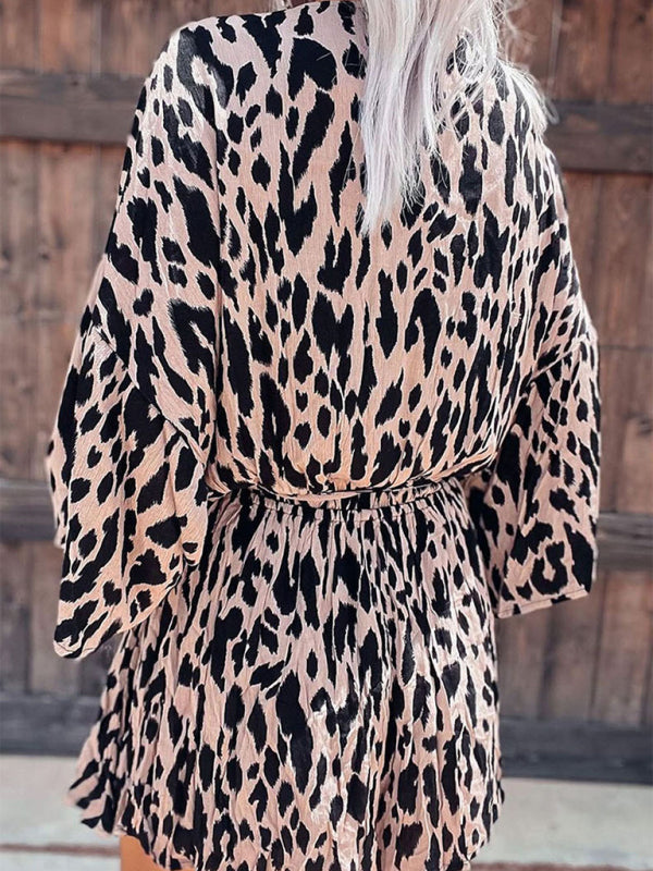 Leopard-print pleated belt deep V-neck woven long-sleeved jumpsuit