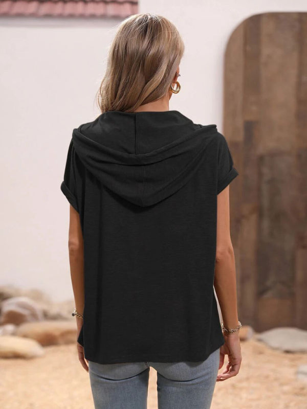 Women's Solid Color Loose Hooded Button Short Sleeve Top