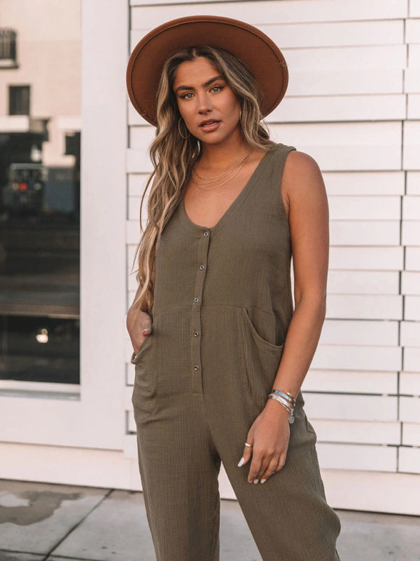 Women's Casual Fashion Solid Color Button Casual Jumpsuit