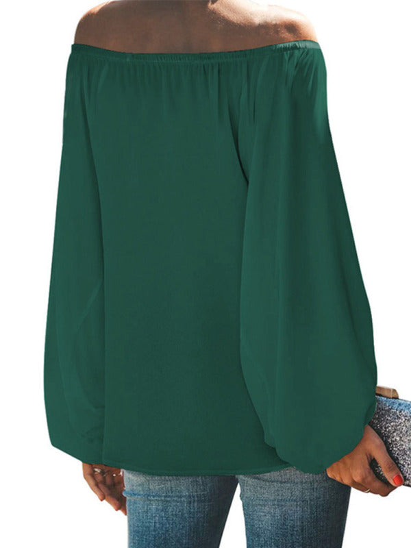 Women's off-shoulder solid color simple lantern sleeve loose long-sleeved top