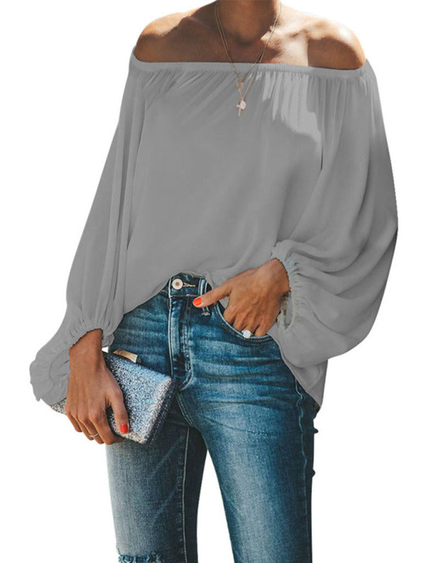 Women's off-shoulder solid color simple lantern sleeve loose long-sleeved top