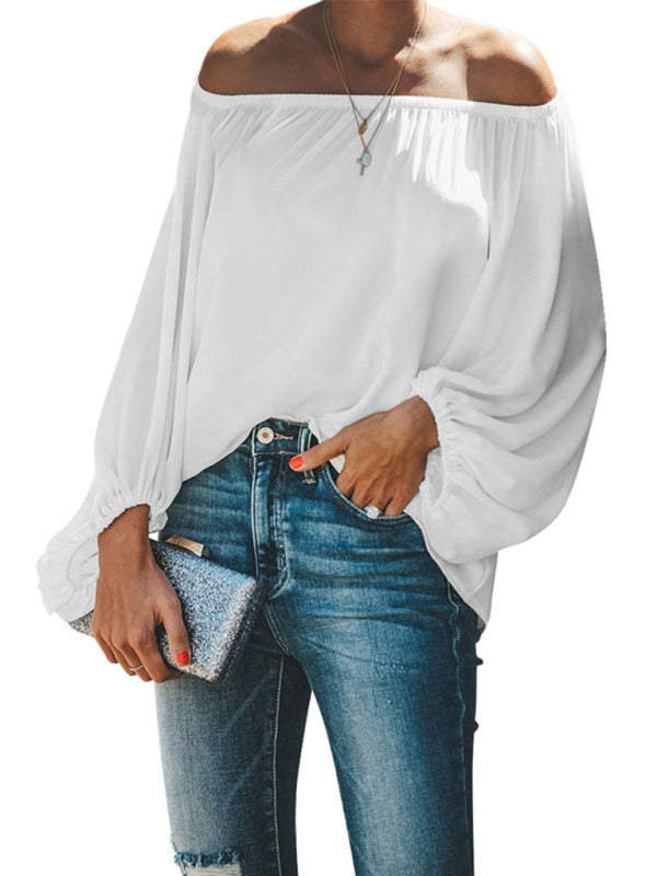 Women's off-shoulder solid color simple lantern sleeve loose long-sleeved top