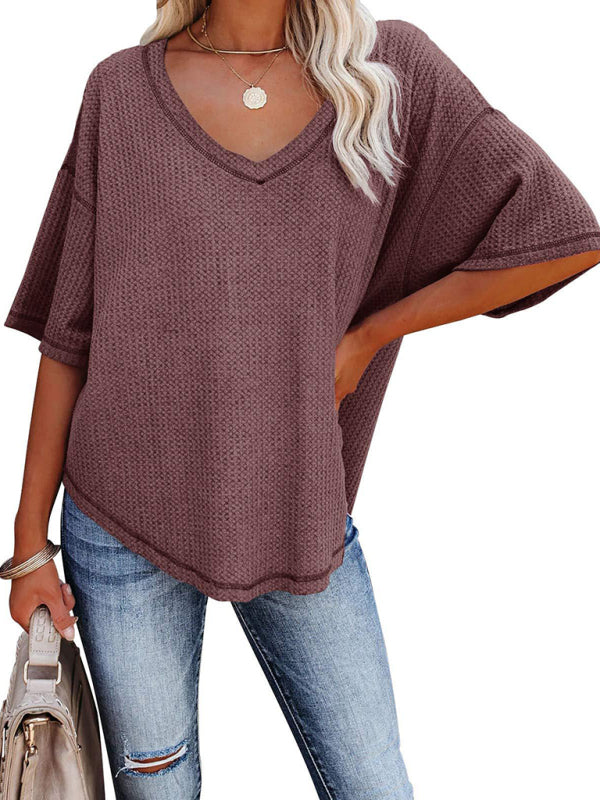 New V Neck Dolman Sleeve Waffle Knit Loose Solid Color Short Sleeve T-Shirt