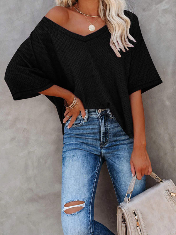 New V Neck Dolman Sleeve Waffle Knit Loose Solid Color Short Sleeve T-Shirt