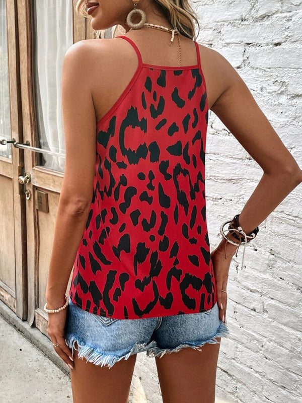 Women's V-neck leopard print stitching solid color camisole top