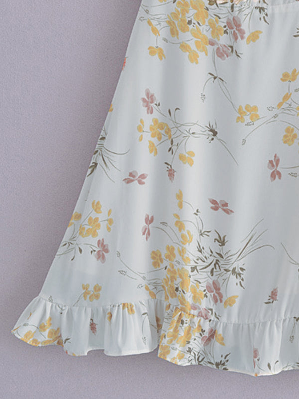 Small fresh floral print slim-fit wooden ear tie dress
