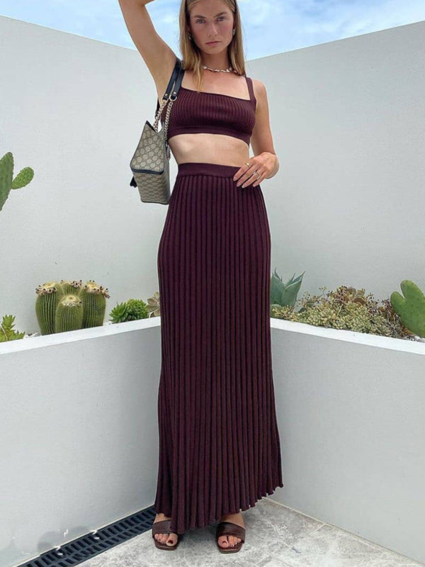 Knitted Camisole + Skirt Elegant Sleeveless Short Top Pleated Skirt Set