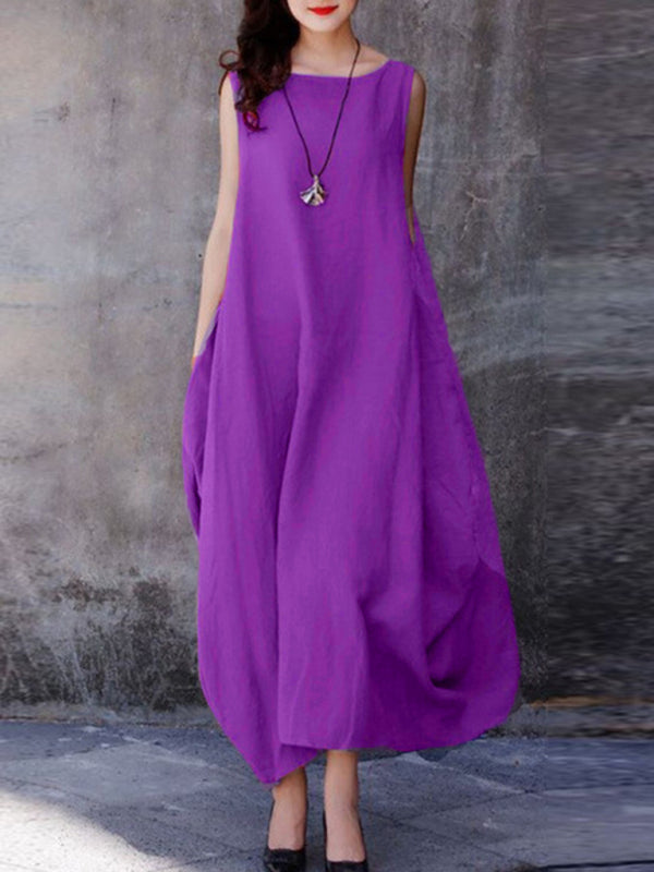 Loose Swing Casual Solid Color Round Neck Pockets dress