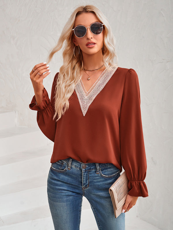 Women's casual solid color v-neck lace ruffle sleeve loose top