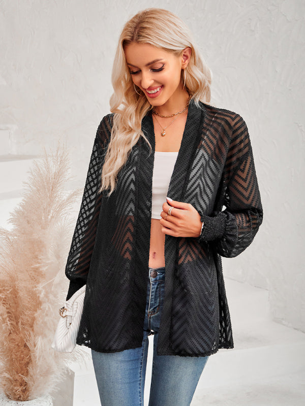 Women's casual solid color loose jacquard cardigan top