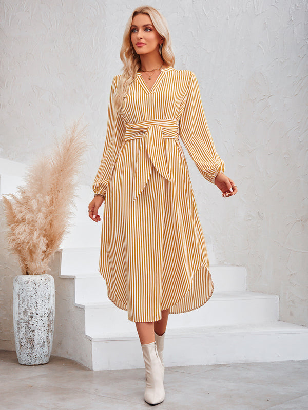 Casual V-neck striped tie waist shirt dress