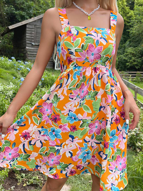 New printed French style suspender skirt design sense floral dress
