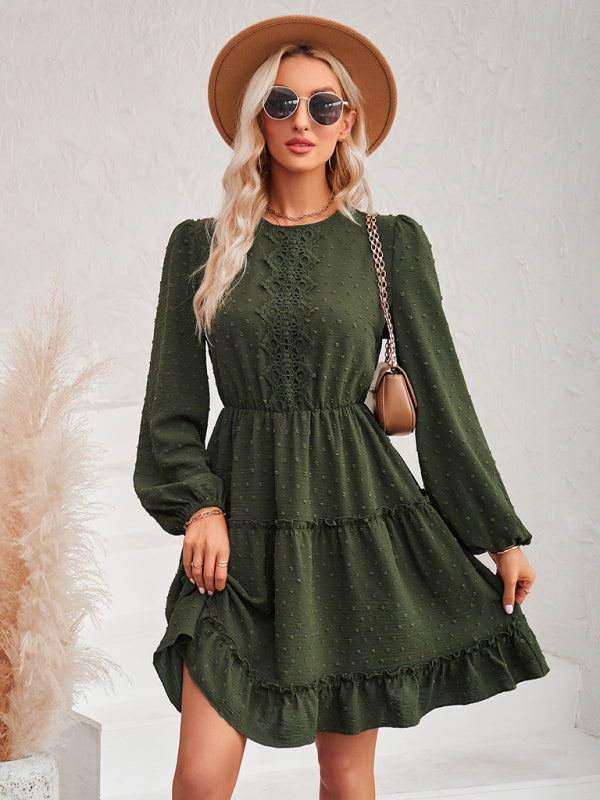 Casual round neck solid color waist lace dress