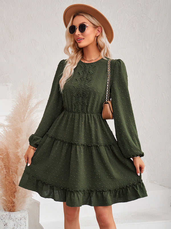 Casual round neck solid color waist lace dress