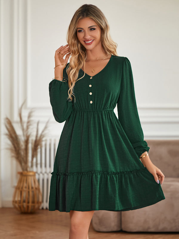 New V-neck slim-fitting waist solid color button-embellished dress