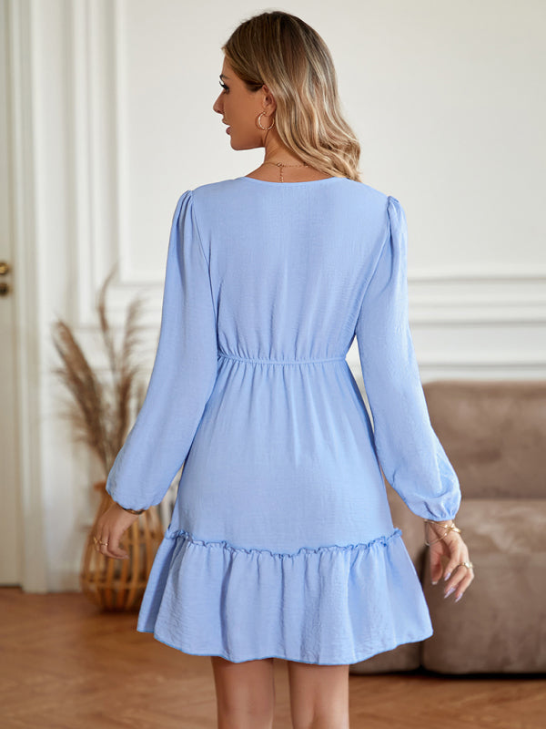 New V-neck slim-fitting waist solid color button-embellished dress