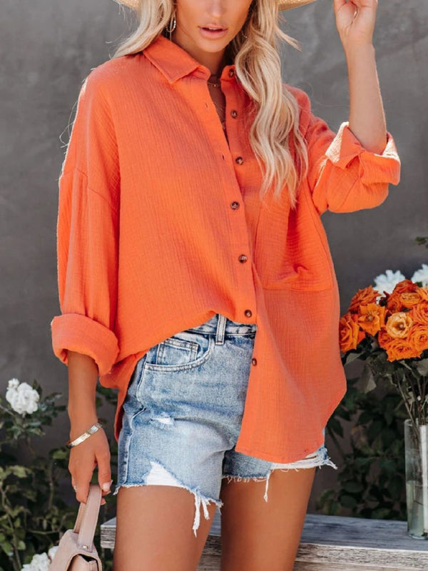 Simple long-sleeved V-neck button-down shirt for women