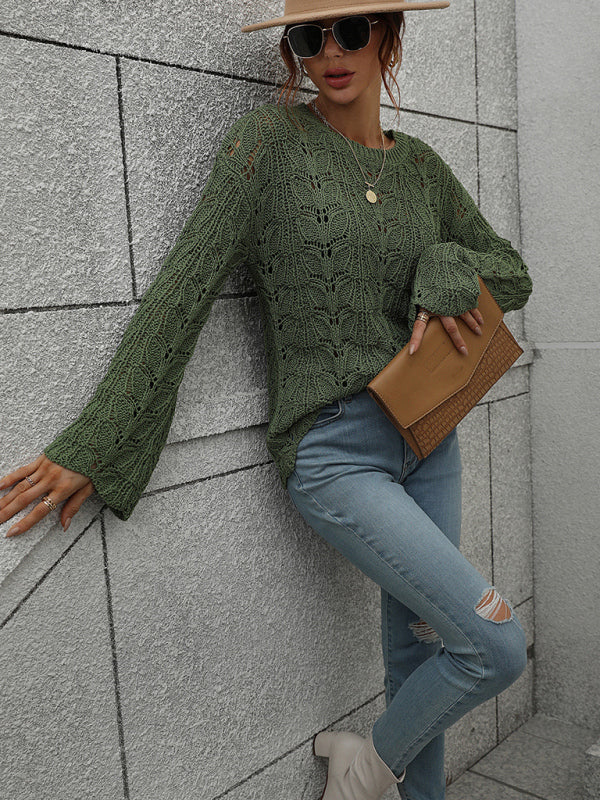 Trumpet sleeve hollow pullover round neck loose sweater women